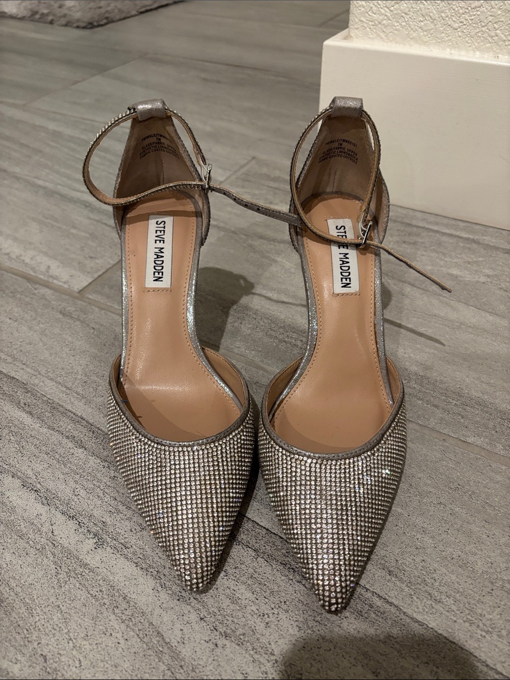 Steve Madden Silver Rhinestone Pointed Toe Ankle Strap Heels